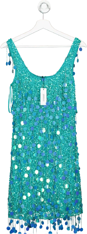 Coast Green Embellished Tassel Sequin Mini Dress UK 8