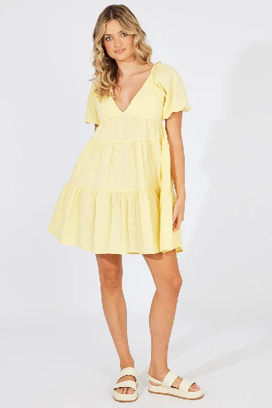 Yellow Mini Dress Puff Sleeve