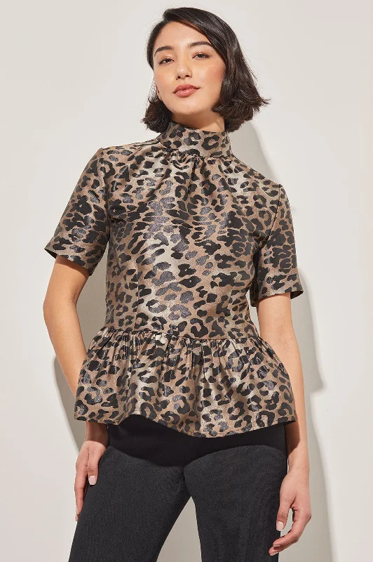 Modern Fit Leopard Print Peplum Blouse - Mock Neck Woven