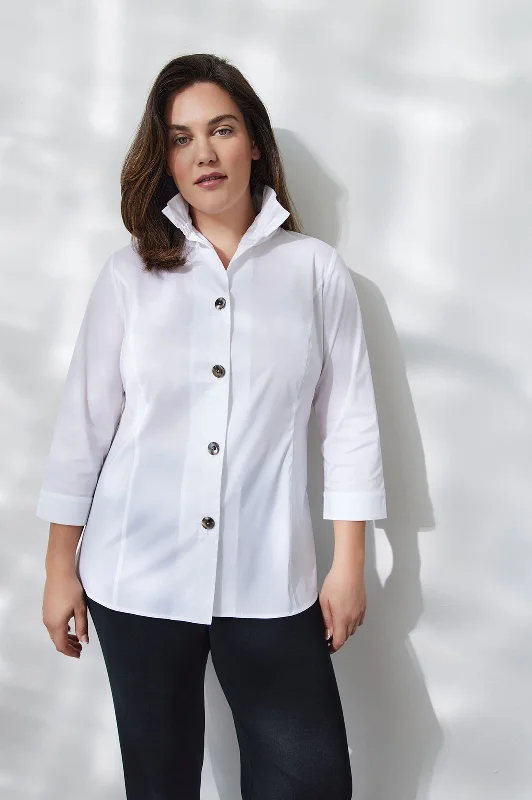 Plus Size Ruffle Neck Button-Front Stretch Cotton Blouse