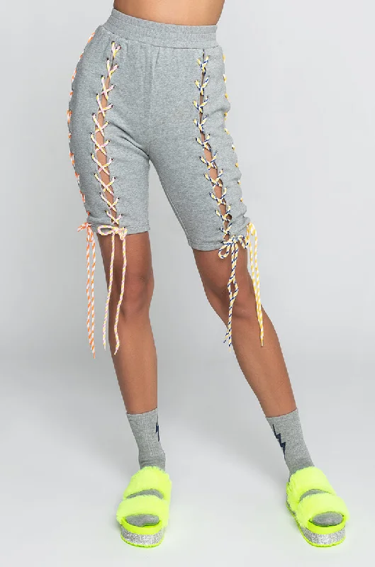 READY WHEN YOU ARE LACE UP BIKER SHORT HEATHER GREY