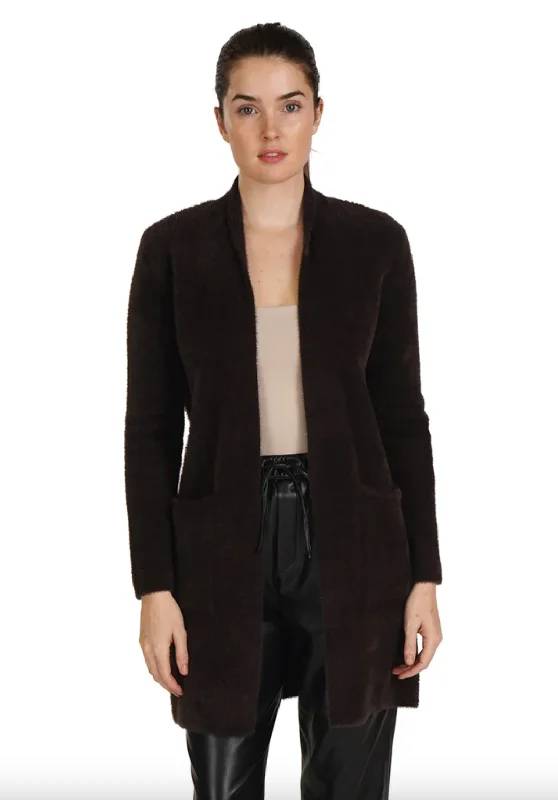 Fuzzy Open Front Cardigan - Espresso