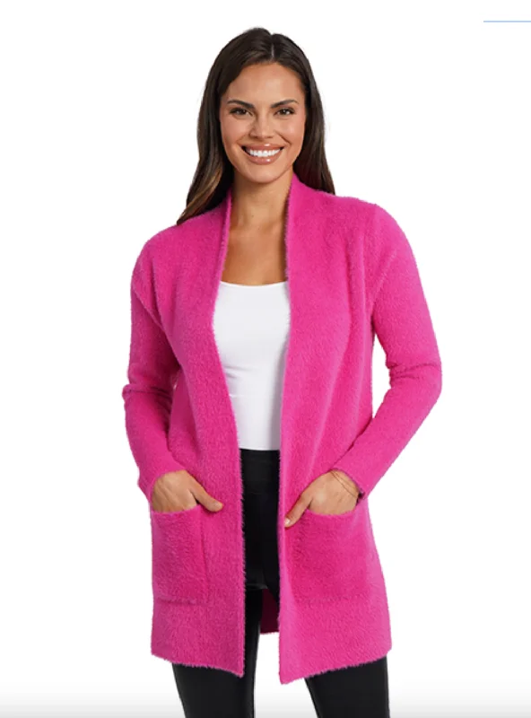 Fuzzy Open Front Cardigan - Hot Pink