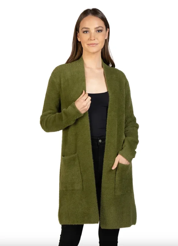 Fuzzy Open Front Cardigan - Olive