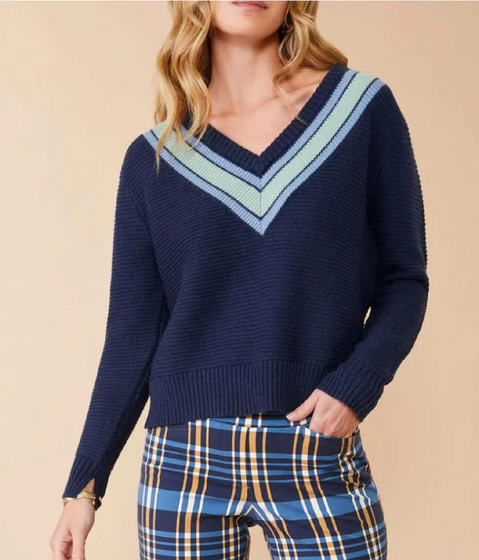 Aster V-Neck Pullover Deep Indigo Stripe