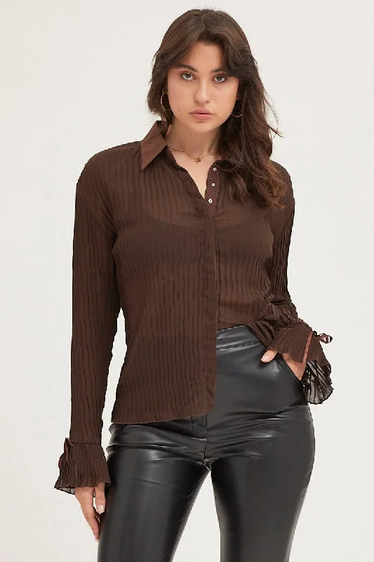 Brown Pleated Shirt Long Flare Sleeve