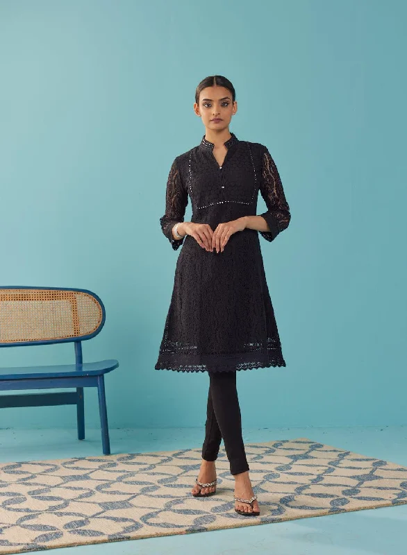 Mirror Work Black Kurta with Floral Motifs