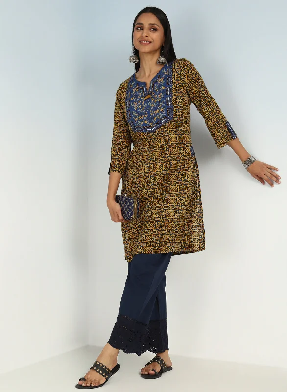 Navy Round Neck Straight Fit kurti with Patch Work