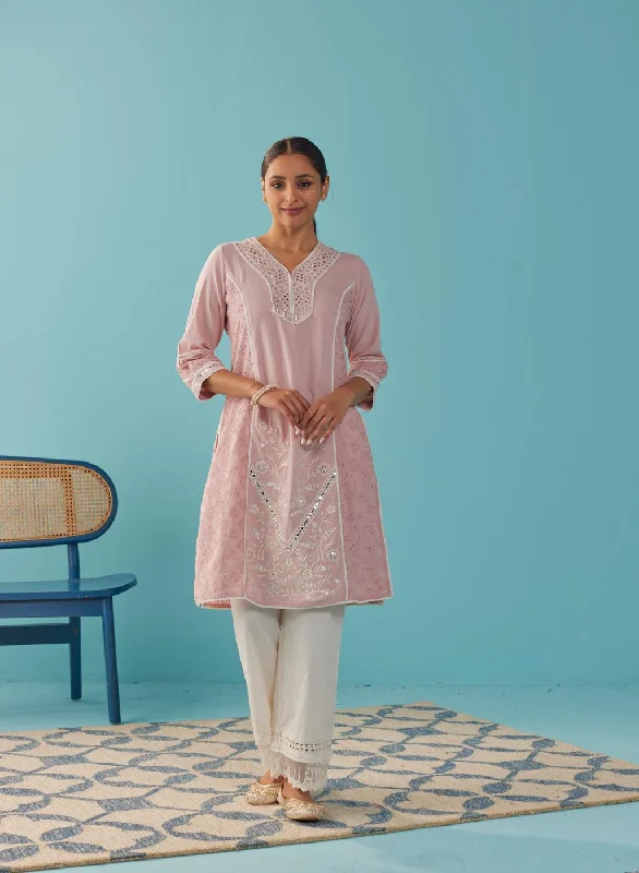 Pink Mirror Work Straight Kurta