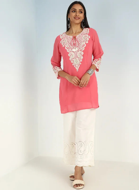 Pink Tunic with Dori Neck and Round Hem