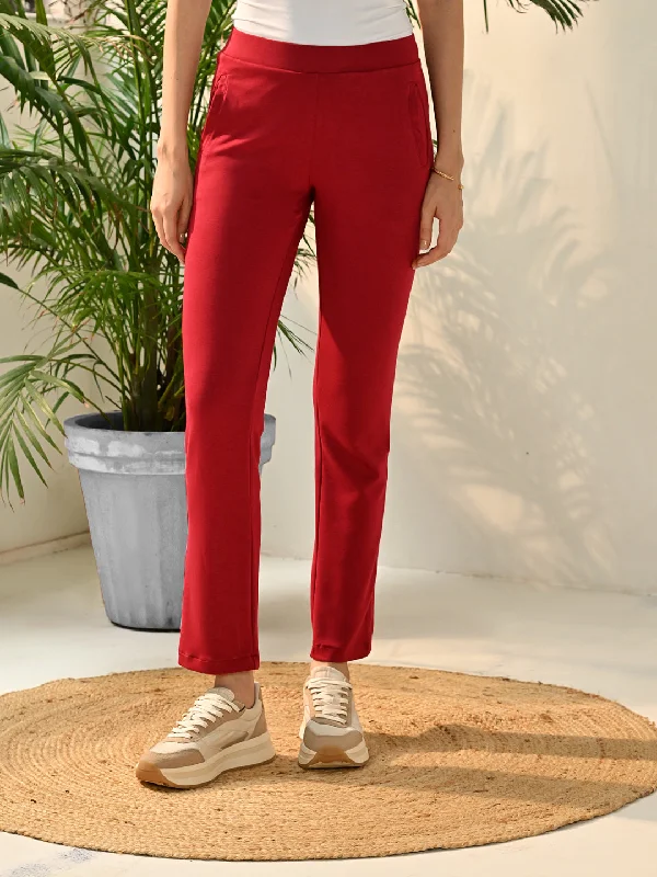 Liah Red Straight Fit Trousers for Women