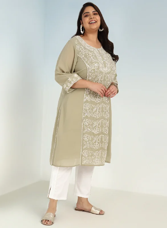 Solid Green Round Neck kurti with Sequins Work