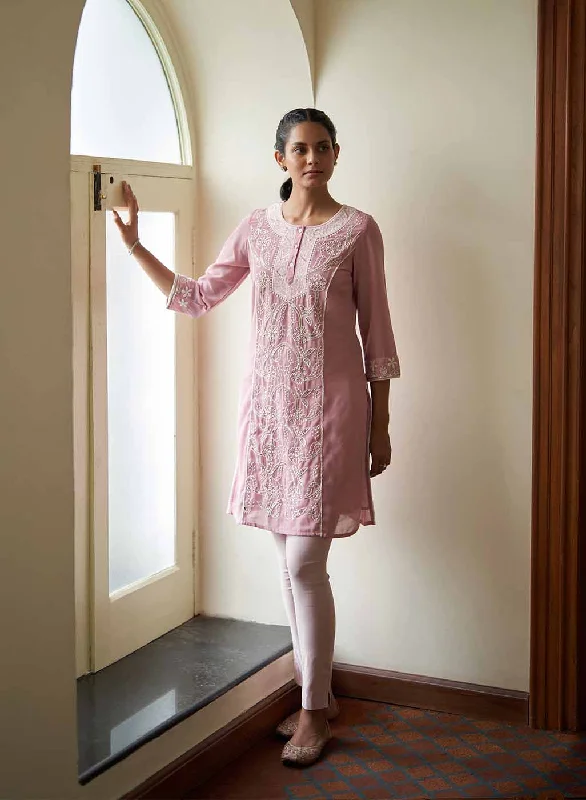 Solid Pink Round Neck kurti with Sequins Work