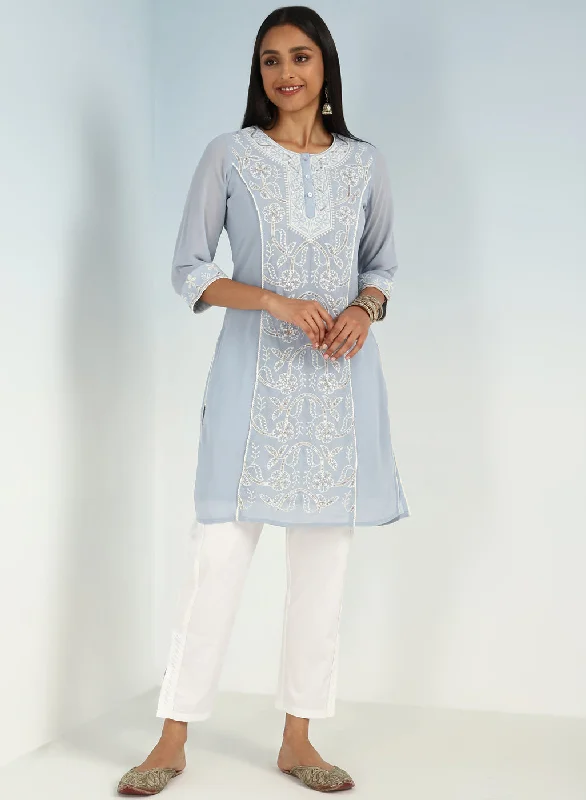 Solid Spa Blue Round Neck Kurti with Sequins Work