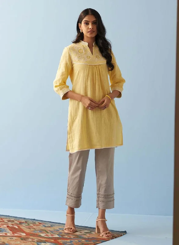 Yellow Embroidered Thigh Length Crinkled Kurti