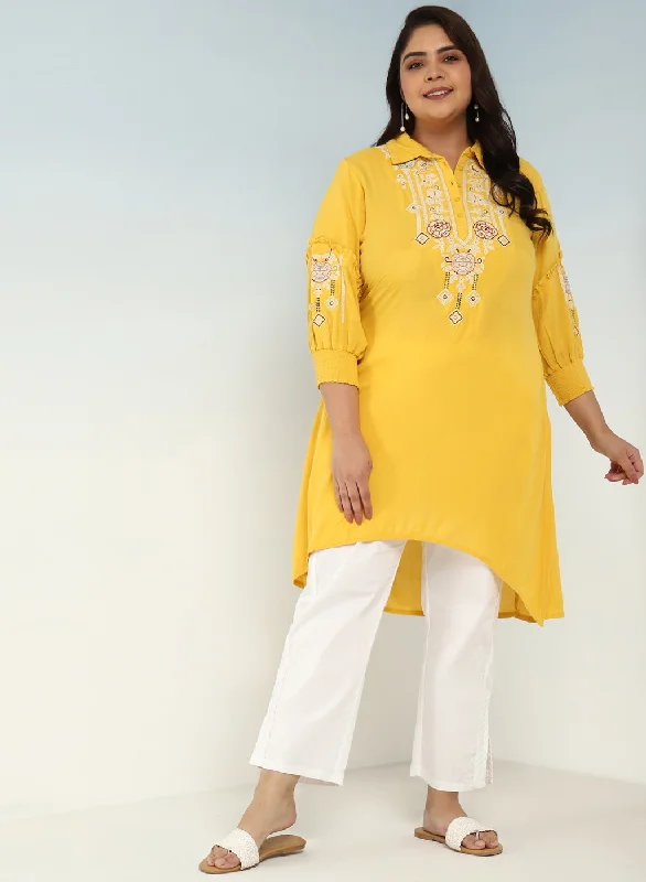 Yellow Kurti with Embroidery and Gathered Cuff