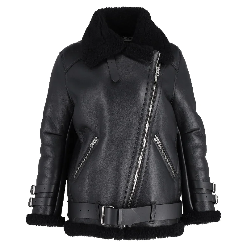 Acne Studios Velocite Belted Zip-Up Biker Jacket in Black Leather