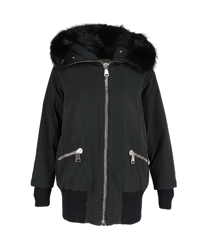 Moncler Fur-Trimmed Zip Down Coat in Black Polyester