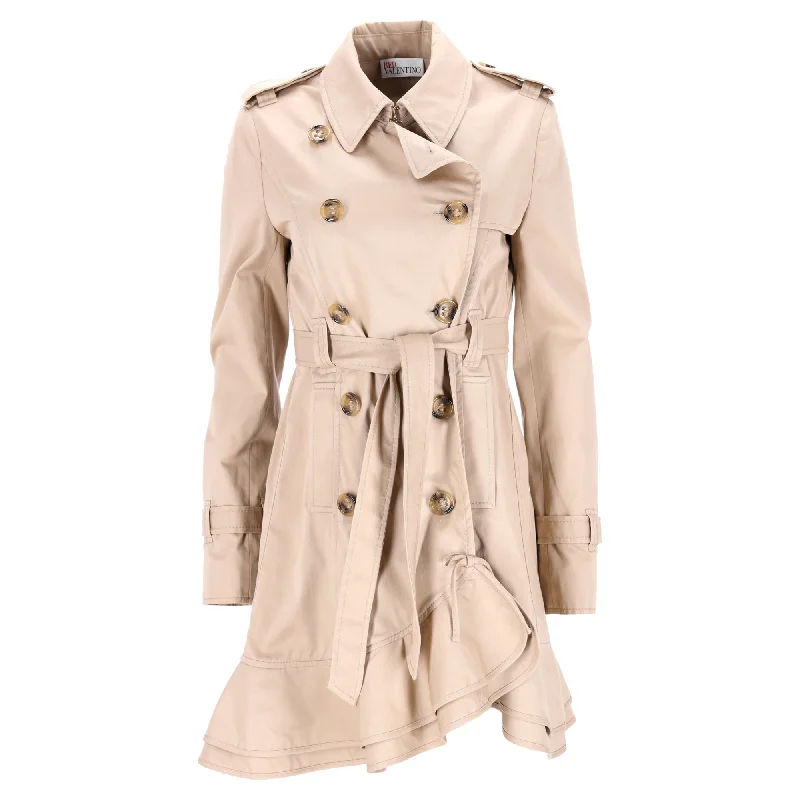 Red Valentino Double-Breasted Ruffle Coat in Beige Cotton