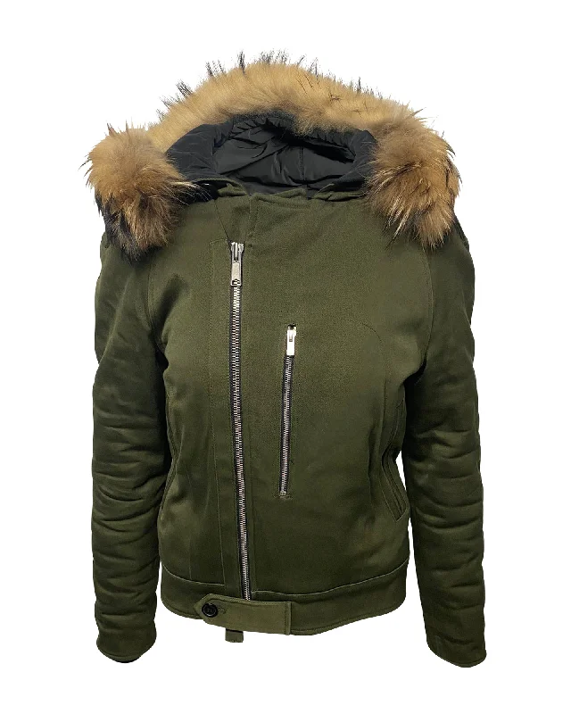 Sandro Paris Fur Trim Hooded Parka in Green Cotton