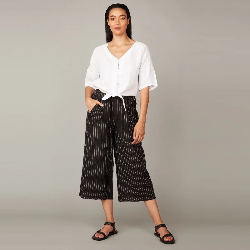 Pinstripe Relaxed Linen Cropped Pant (Black + White)