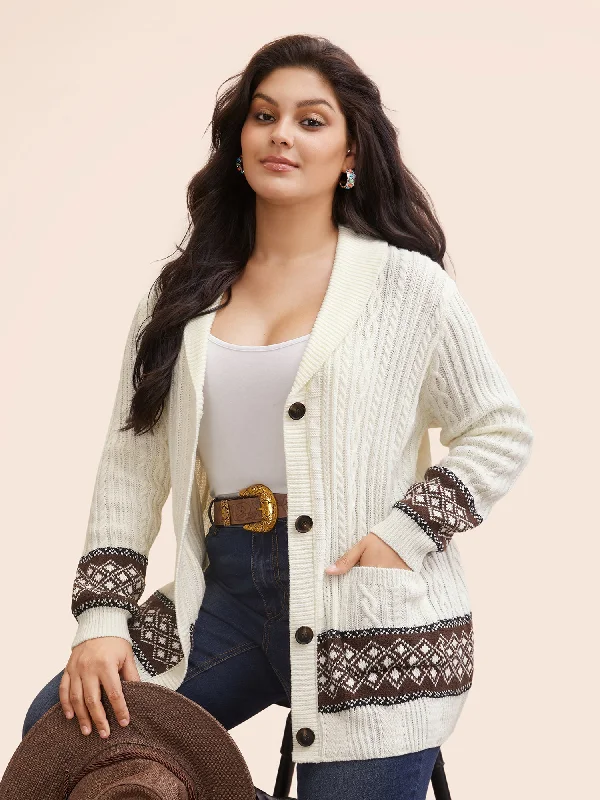 Cable Knit Pockets Collared Cardigan