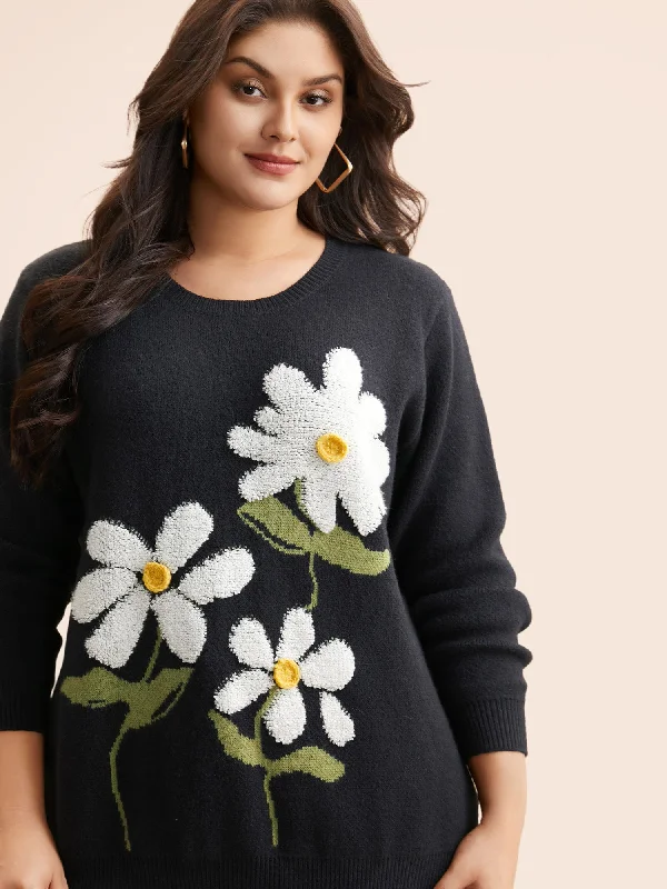 Round Neck Floral Contrast Texture Pullover